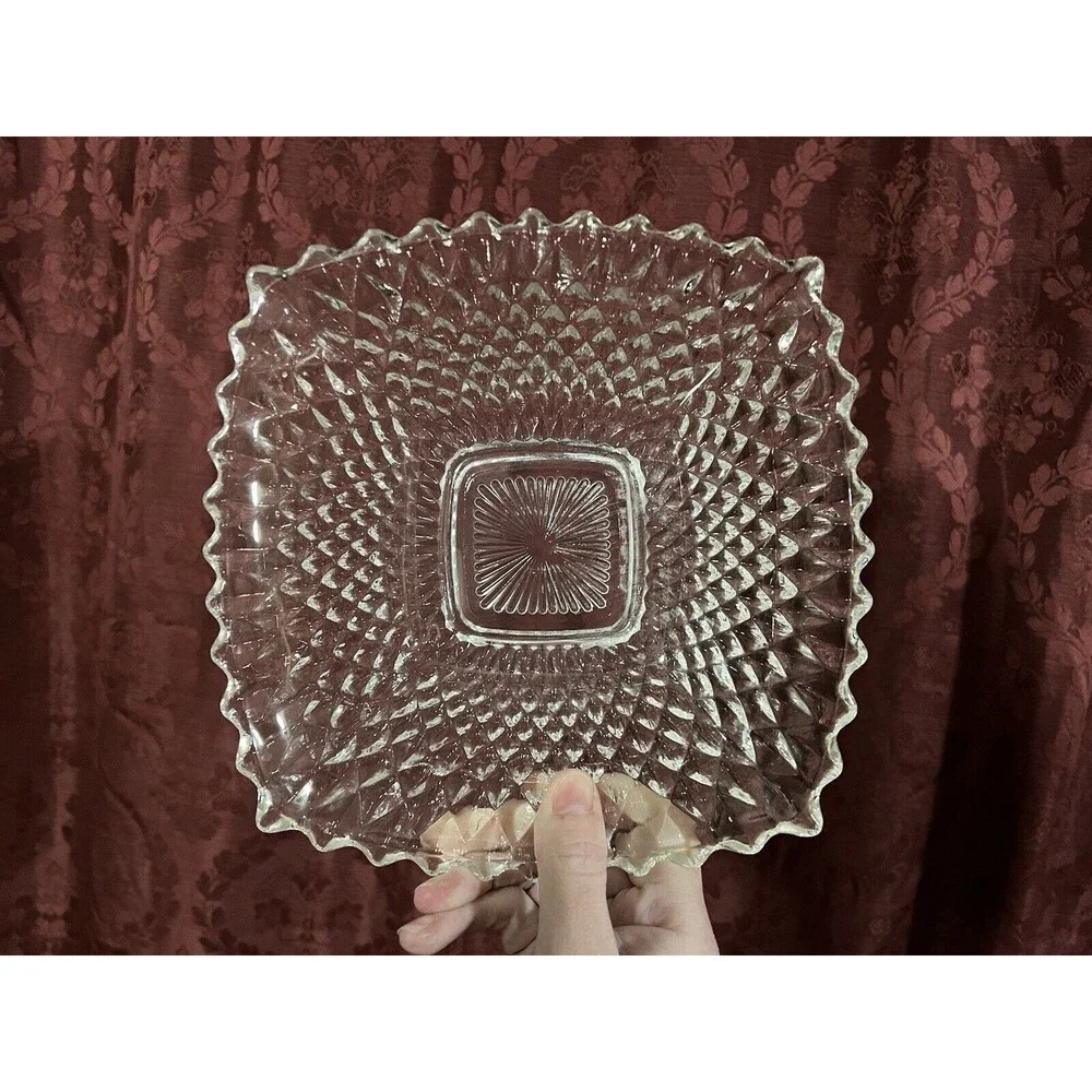 Set of 3 INDIANA GLASS Bowls Square Ruffle Diamond Point Candy Nut Dish Clear